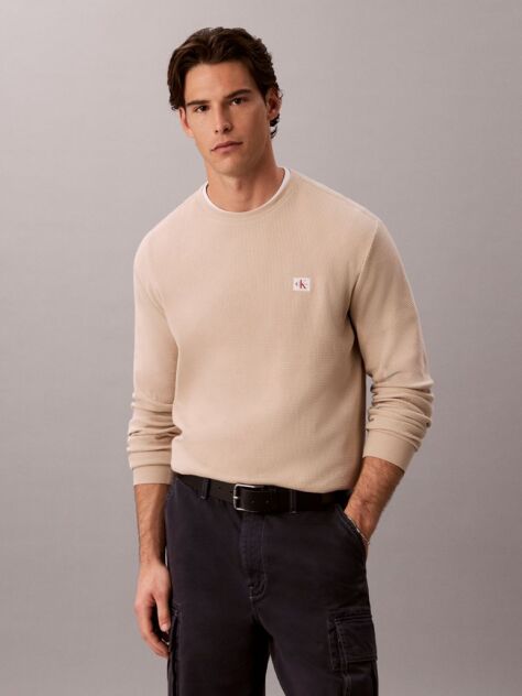 White Long Sleeve Waffle T-shirt  Men