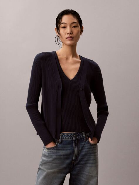 Blue Long Sleeve Cardigan With Ribbed Tank Top Set  Women
