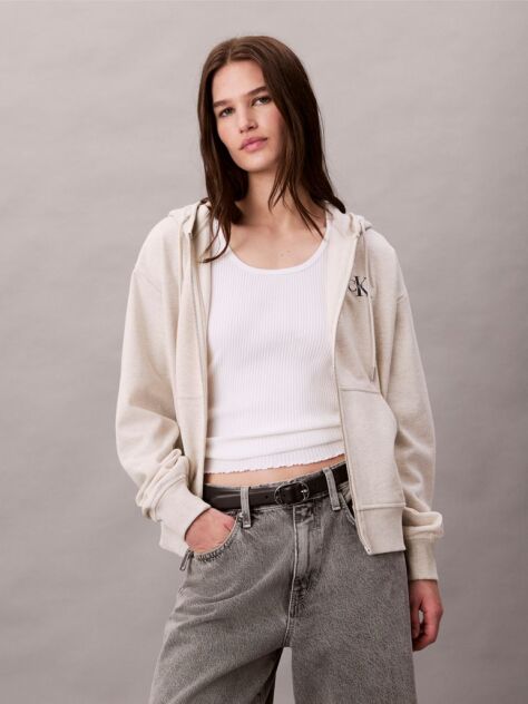 Beige Monogram Zip Up Hoodie  Women