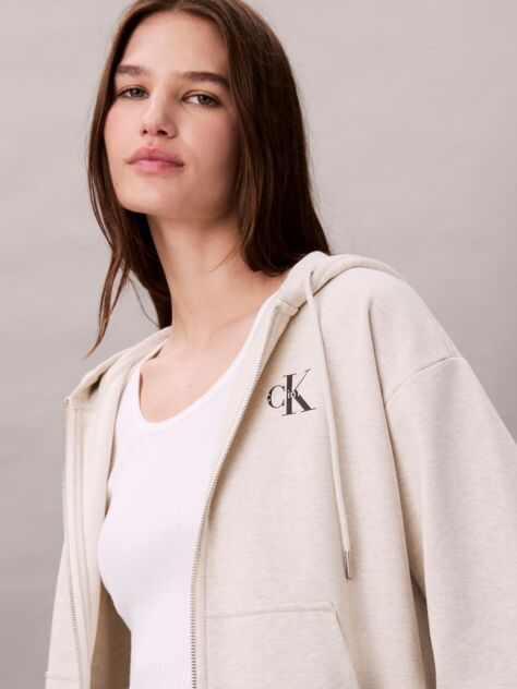 Beige Monogram Zip Up Hoodie  Women