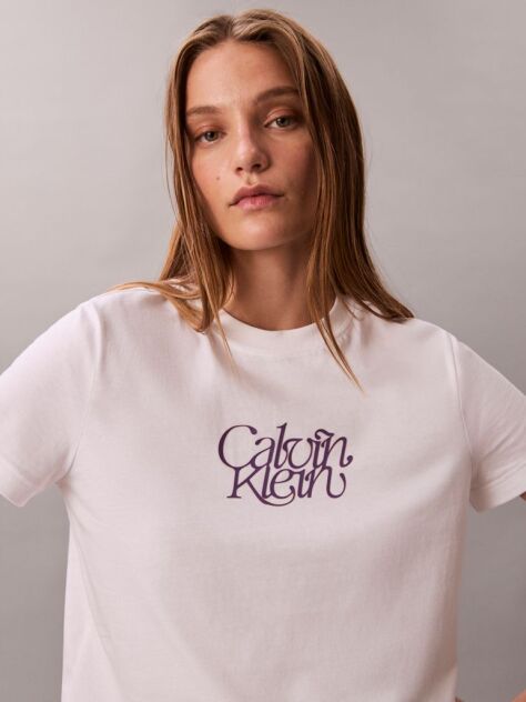 White Script Logo Graphic Slim T-Shirt  Women