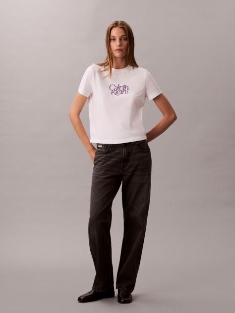 White Script Logo Graphic Slim T-Shirt  Women