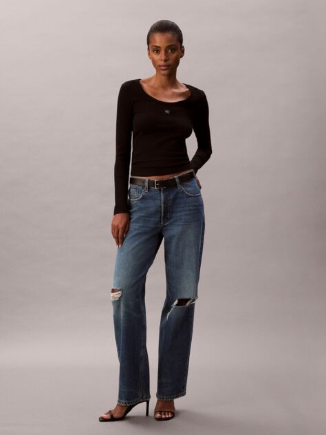 Black Ribbed Cotton Long Sleeve Top  Women