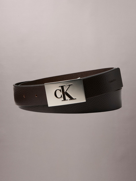 Brown Monogram Plaque Pebble Grain Leather Belt  Men