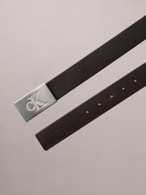 Brown Monogram Plaque Pebble Grain Leather Belt  Men