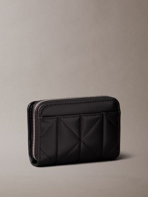 Black Quilted Emblem Logo Flap Zip-Around Wallet  Women