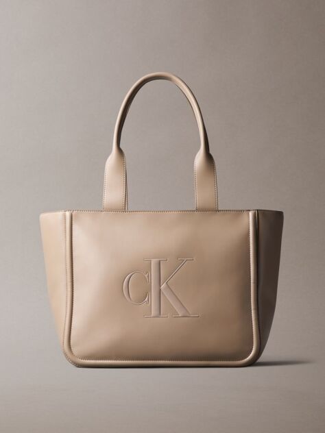 Beige Embossed Monogram Logo Tote Bag  Women