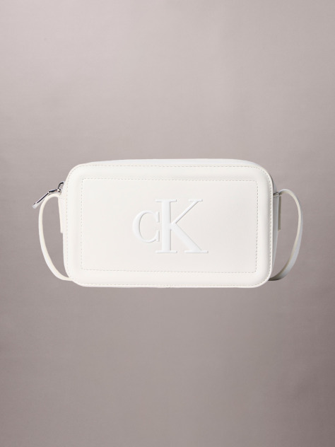 White Embossed Monogram Logo Camera Bag  Women