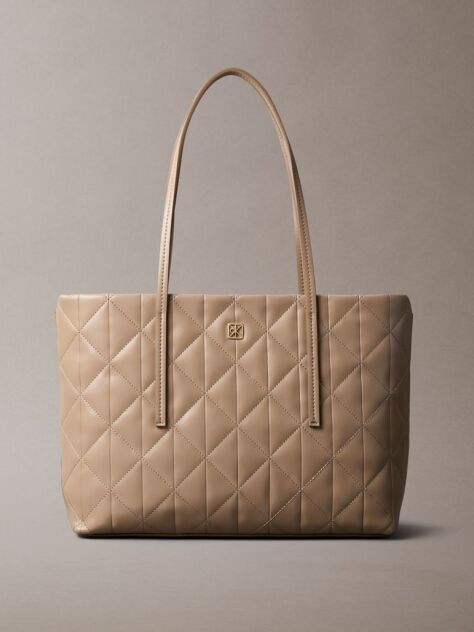 Beige Quilted Emblem Logo Small Tote Bag  Women