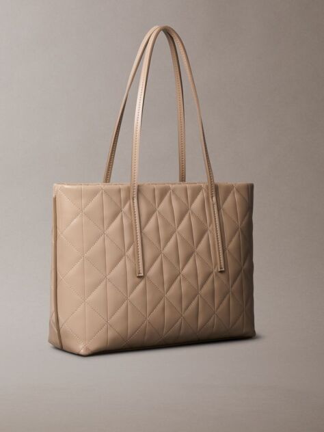 Beige Quilted Emblem Logo Small Tote Bag  Women