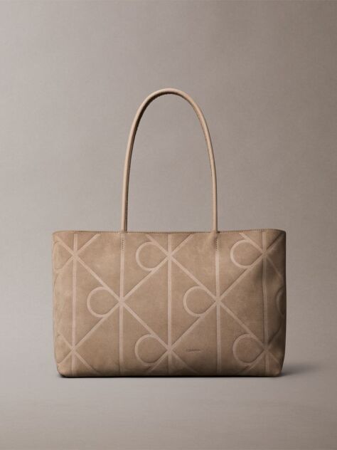 Beige Embossed Emblem Logo Sueded Tote Bag  Women