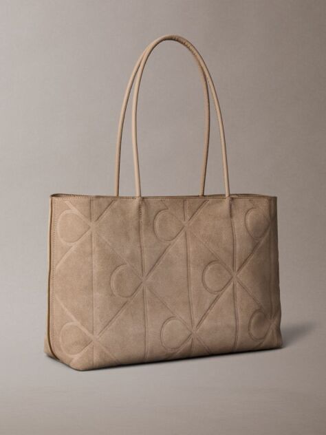 Beige Embossed Emblem Logo Sueded Tote Bag  Women