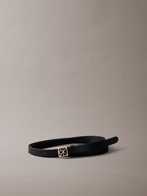 Black Full Grain Leather Skinny Logo Belt  Women