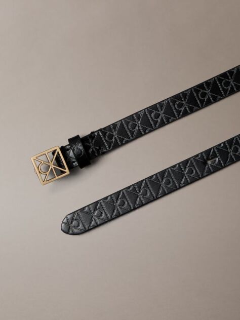 Black Full Grain Leather Skinny Logo Belt  Women