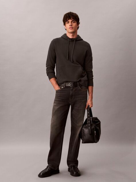 Black Cotton Terry Badge Hoodie  Men