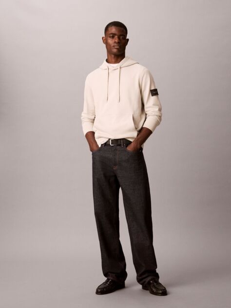 Beige Cotton Terry Badge Hoodie  Men