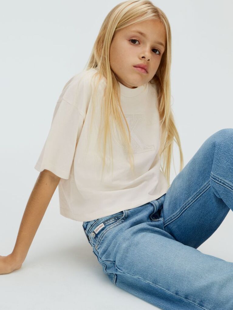Beige Boxy Logo T-Shirt  Girls