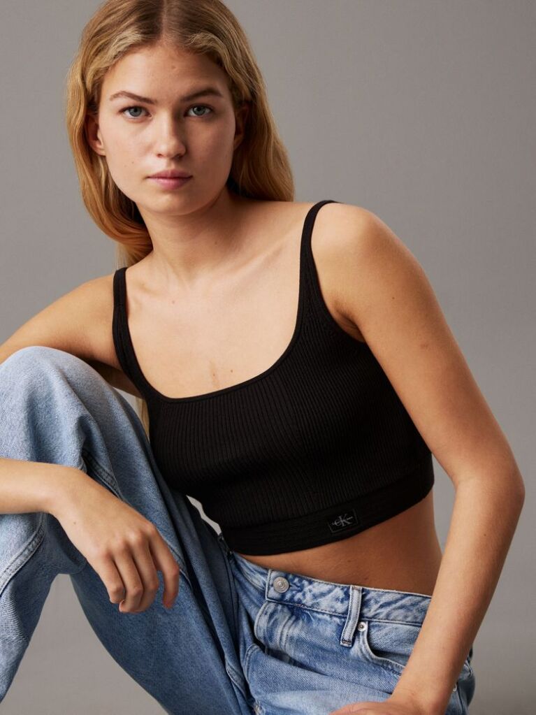 Black Ribbed Cotton Bralette Top  Women