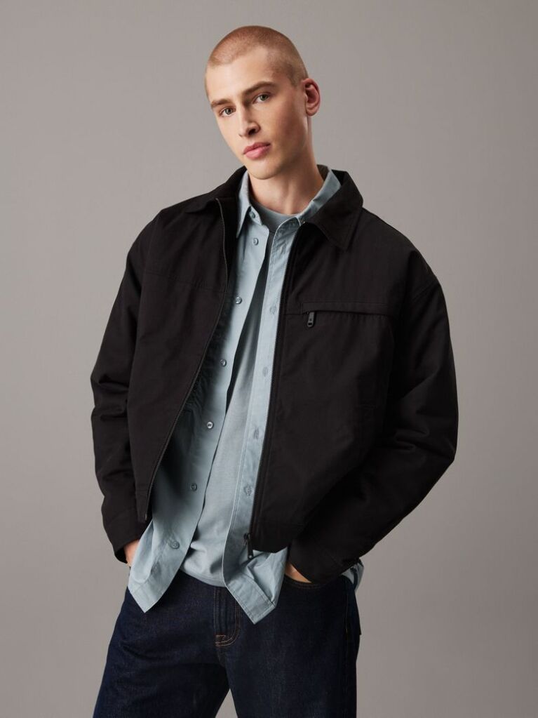 Black Cotton Twill Zip Up Jacket  Men