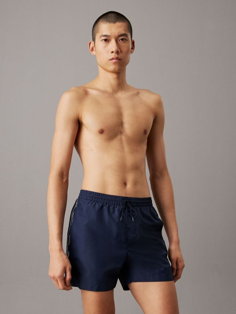Blue Medium Drawstring Swim Shorts - Logo Tape  Men