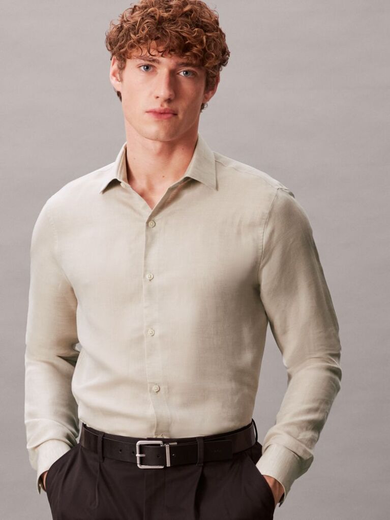 Beige Slim Linen Blend Shirt  Men