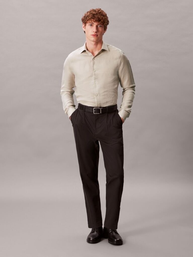 Beige Slim Linen Blend Shirt  Men