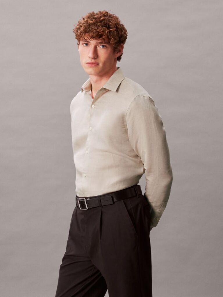 Beige Slim Linen Blend Shirt  Men