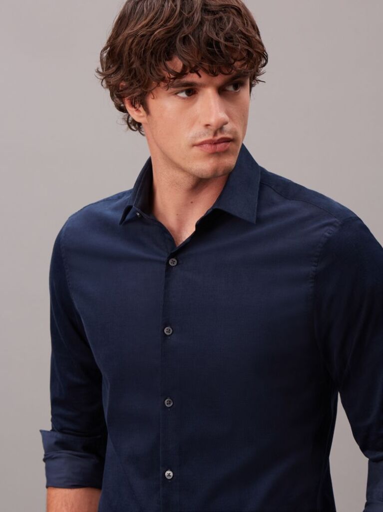 Blue Slim Fit Cutaway Collar Corduroy Shirt  Men