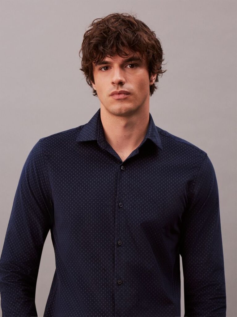 Blue Slim Fit Micro Print Corduroy Shirt  Men