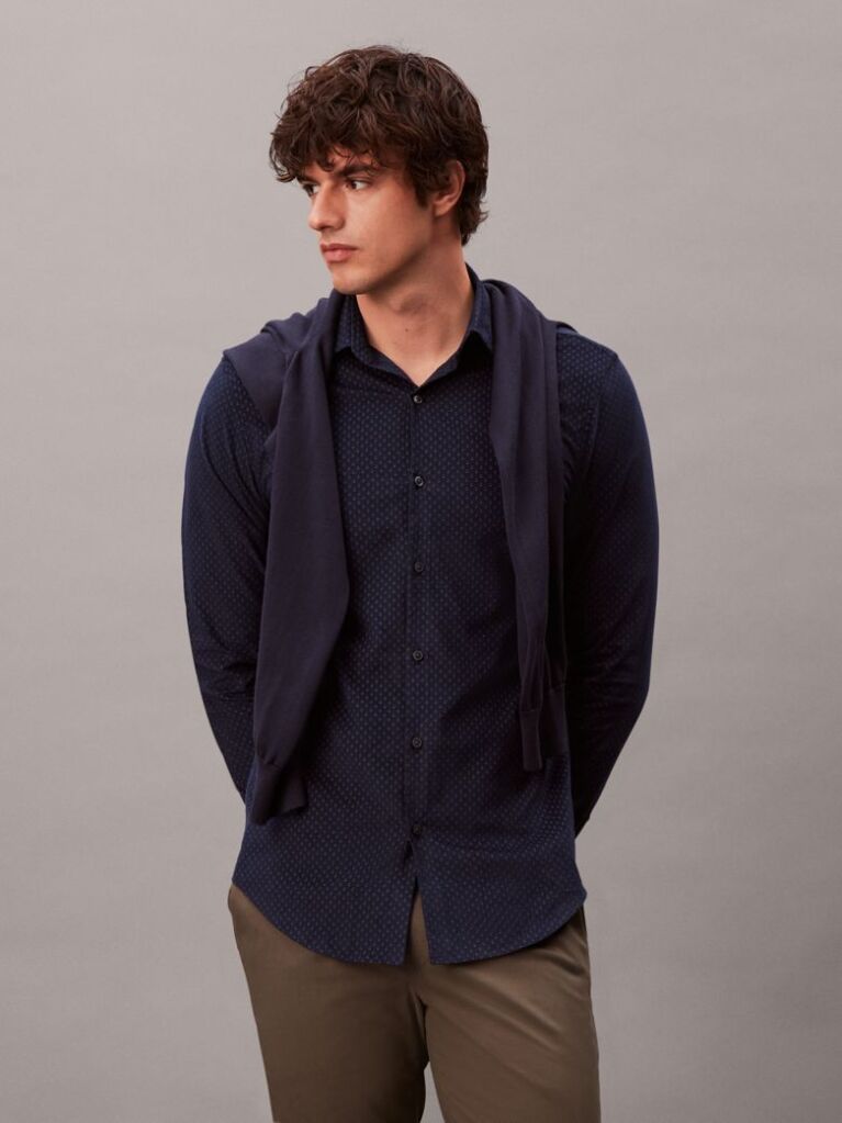 Blue Slim Fit Micro Print Corduroy Shirt  Men