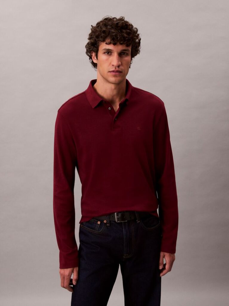 Red Supima Cotton Long Sleeve Polo Shirt  Men