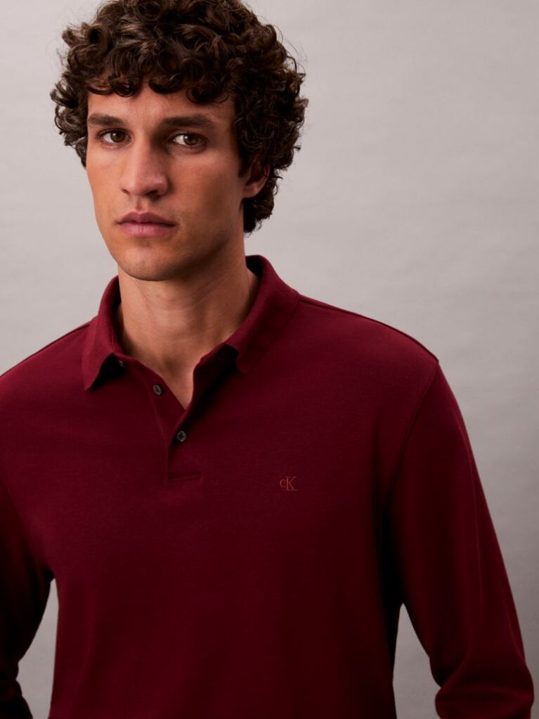 Red Supima Cotton Long Sleeve Polo Shirt  Men