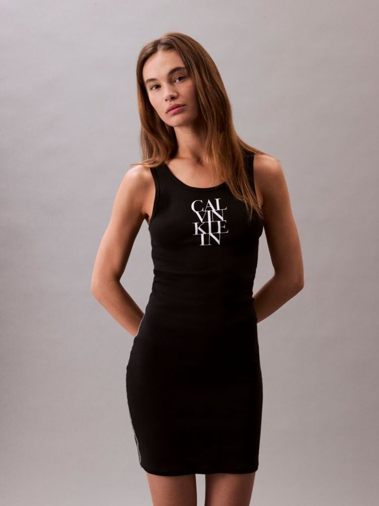 Black Logo Graphic Ribbed Tank Dress  Women