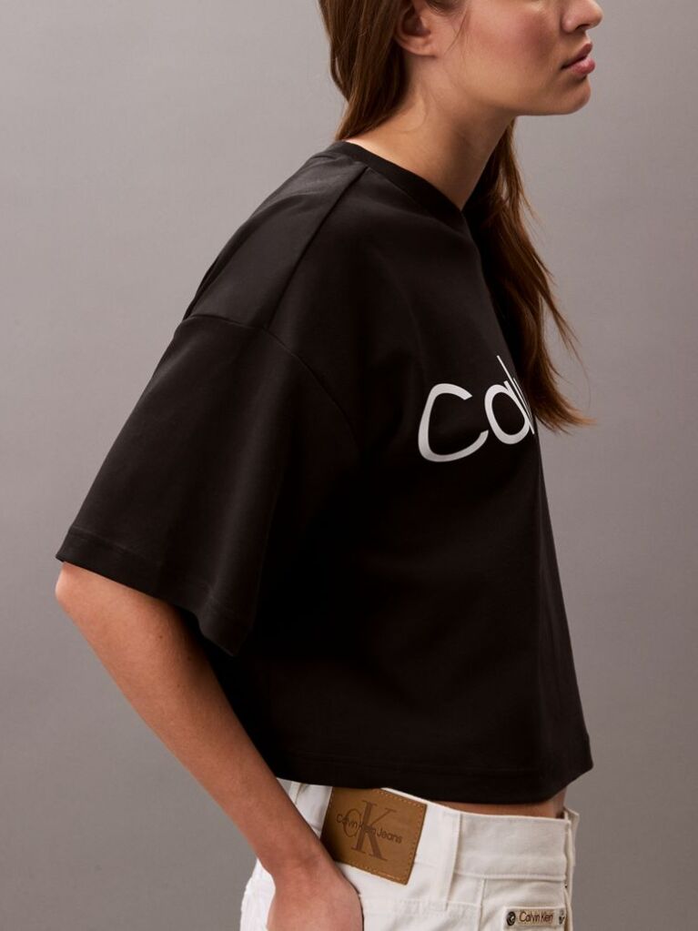 Black Logo Graphic Boxy Cropped T-Shirt  Women