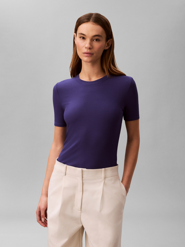 Blue Slim Ribbed Modal T-shirt  Women