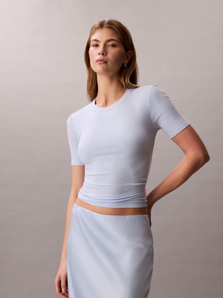 Blue Slim Ribbed Modal T-shirt  Women