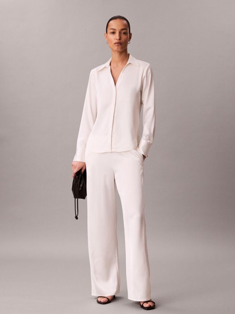 White Hammered Satin Fitted Shirt  Women