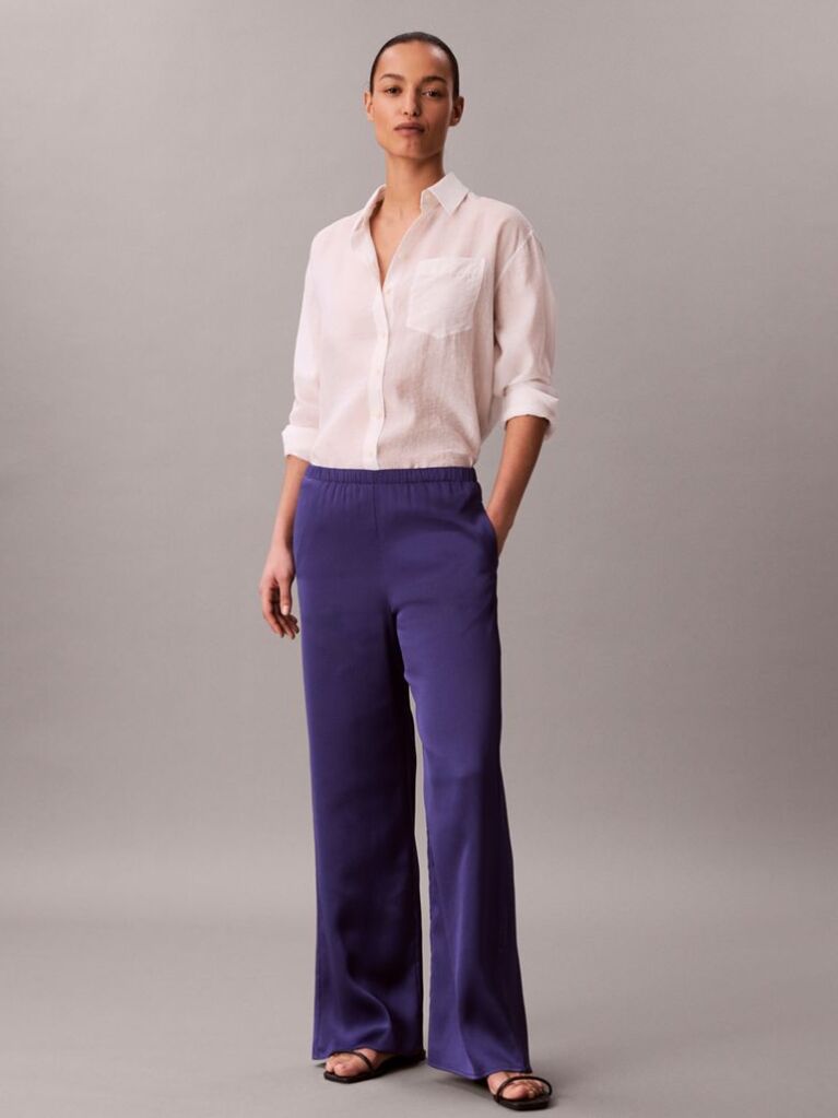 Blue Hammered Satin Textured Trousers  Women