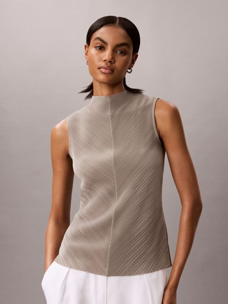 Brown Plissé Mock Neck Sleeveless Top  Women