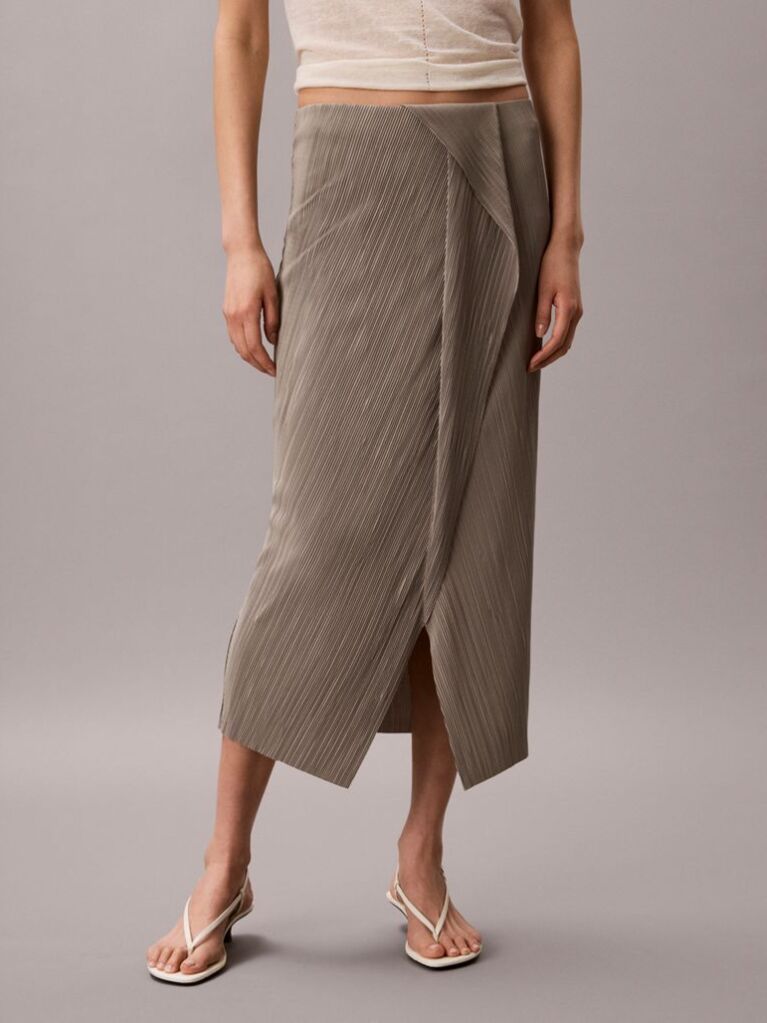 Brown Draped Plissé Midi Skirt  Women