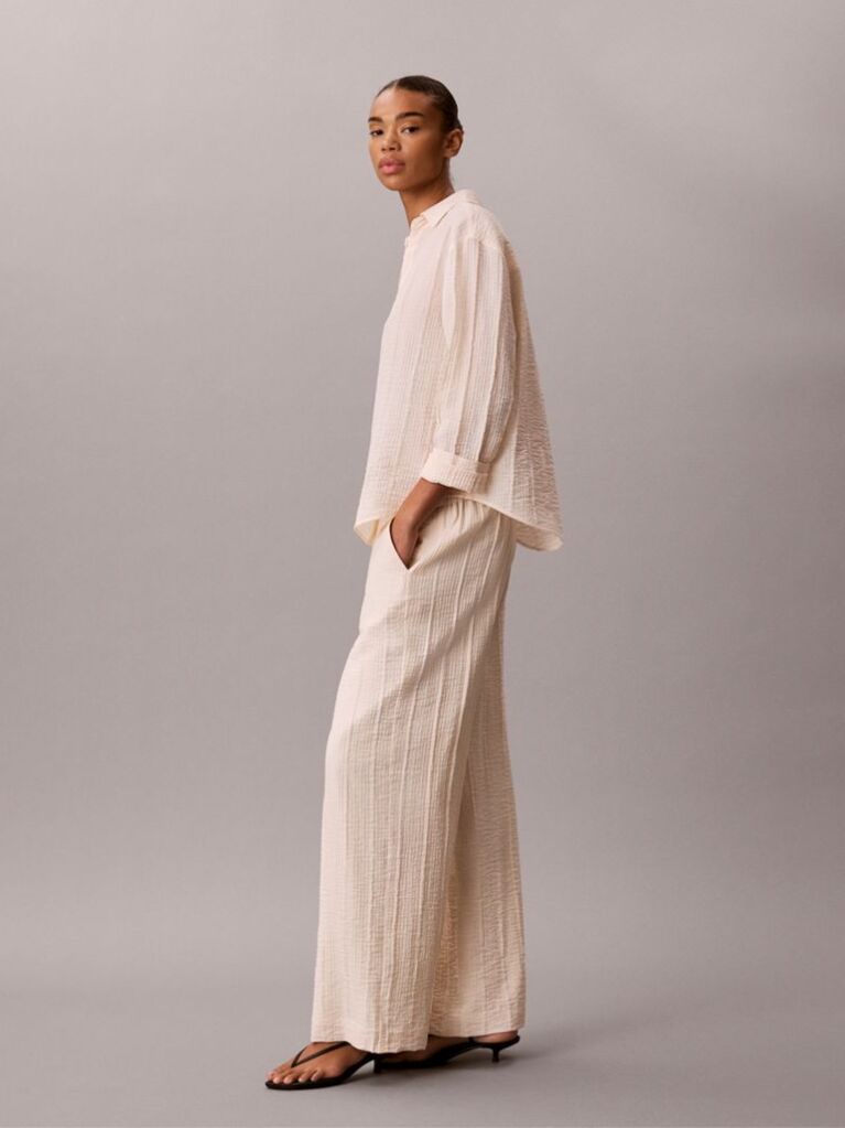 Pink Relaxed Sheer Stripe Crinkle Trousers  Women