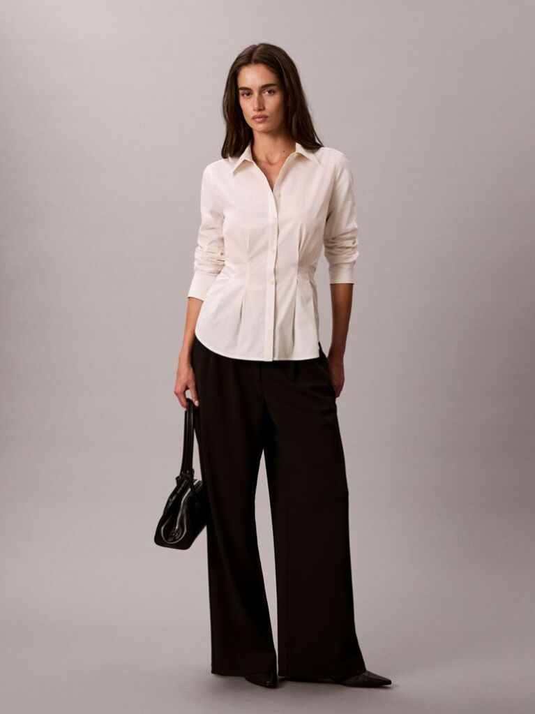 White Fitted Pleated Poplin Shirt  Women