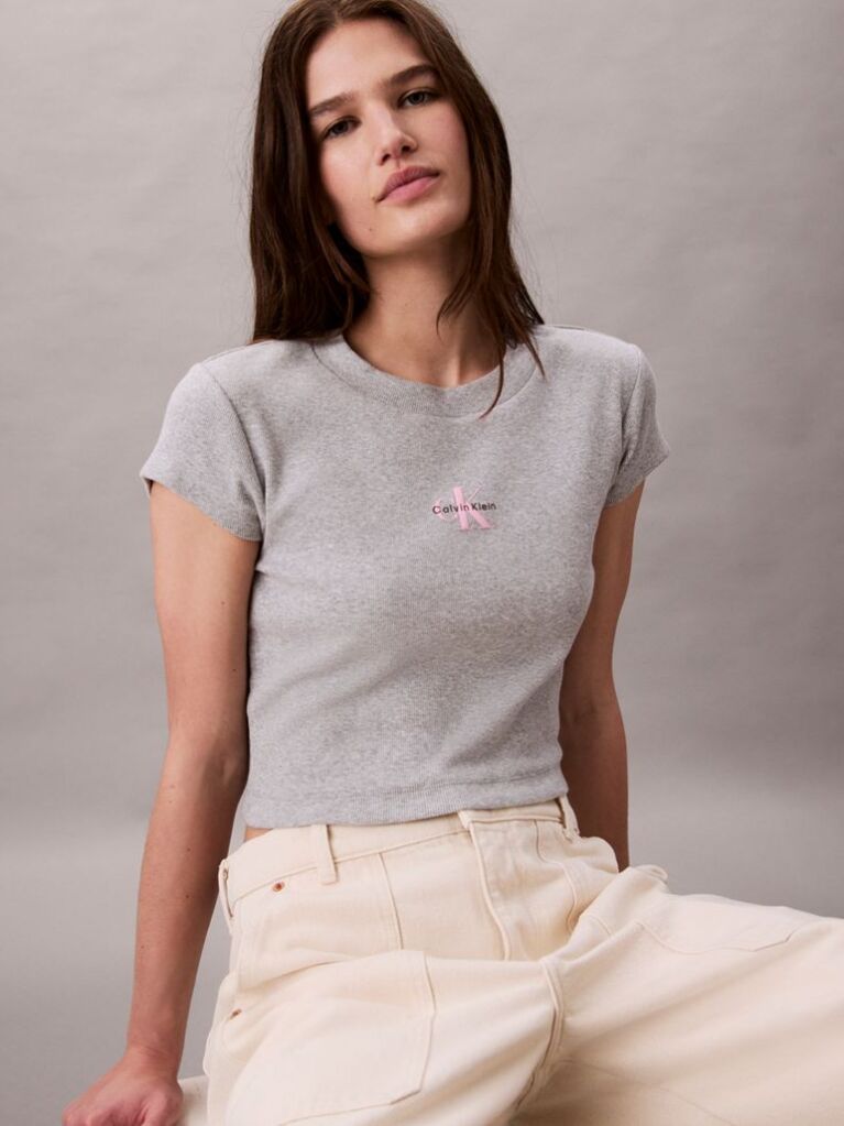 Grey Slim Cropped Monogram T-shirt  Women