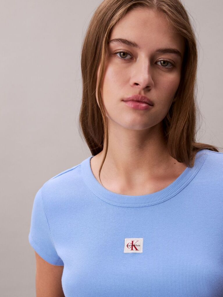 Blue Slim Ribbed Cotton Badge T-shirt  Women