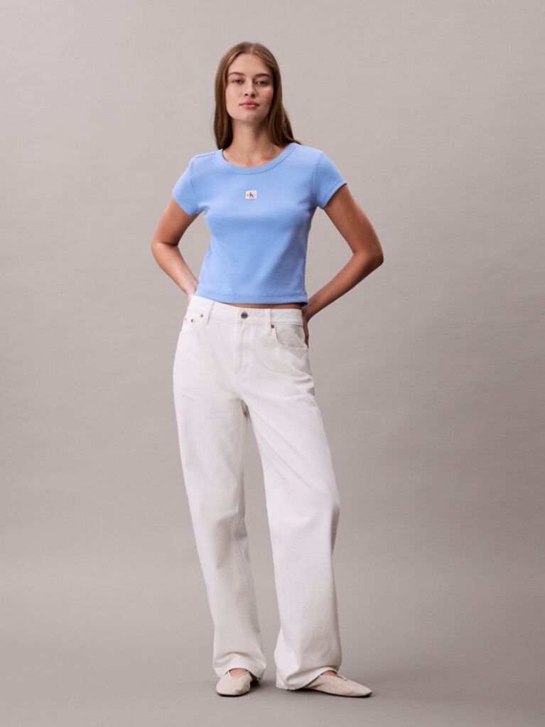 Blue Slim Ribbed Cotton Badge T-shirt  Women