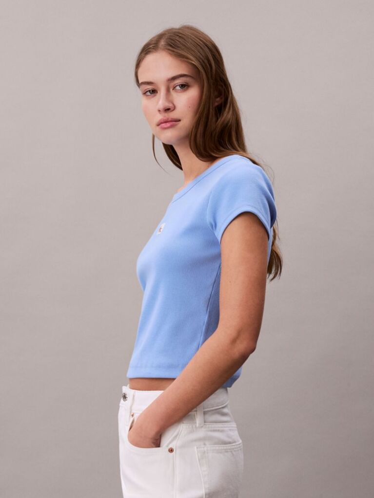 Blue Slim Ribbed Cotton Badge T-shirt  Women