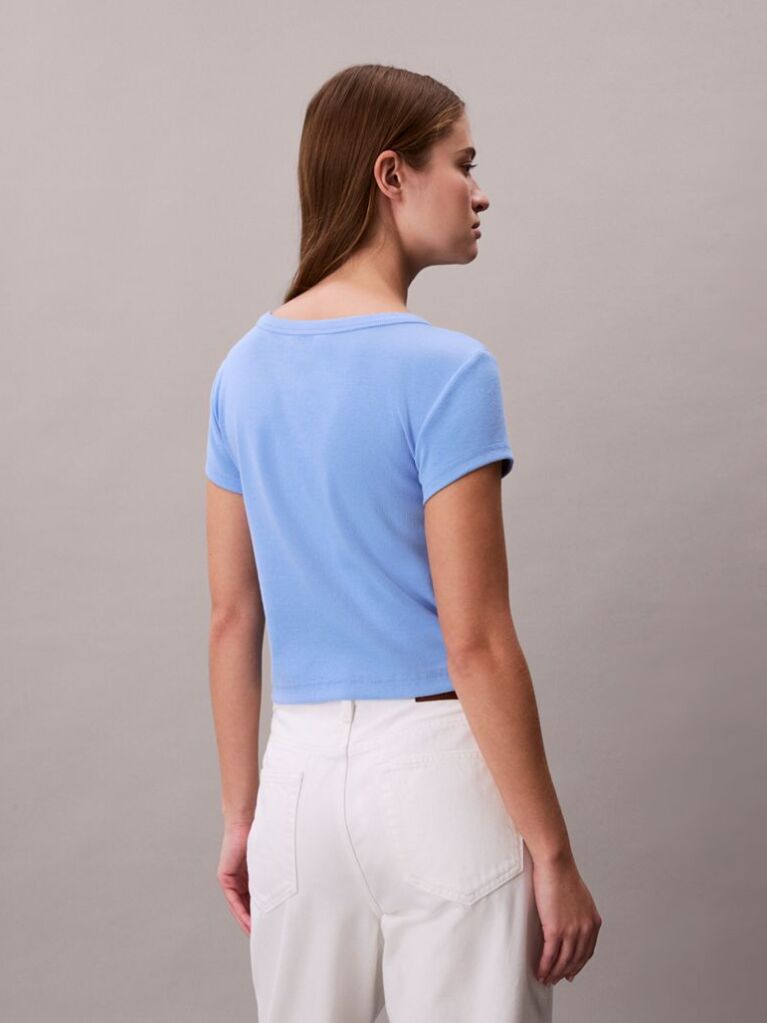 Blue Slim Ribbed Cotton Badge T-shirt  Women
