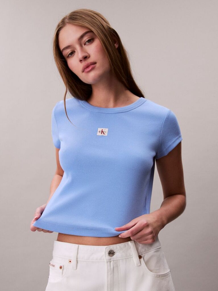 Blue Slim Ribbed Cotton Badge T-shirt  Women