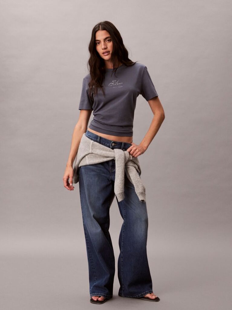 Grey Glossy Metallic Logo T-shirt  Women