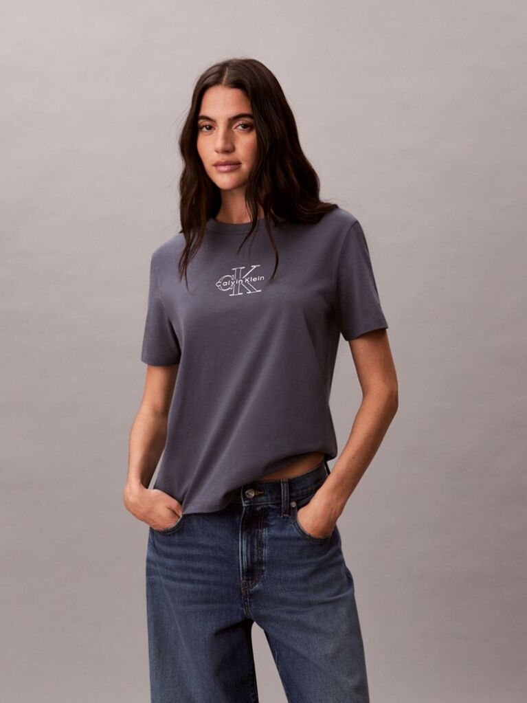 Grey Glossy Metallic Logo T-shirt  Women